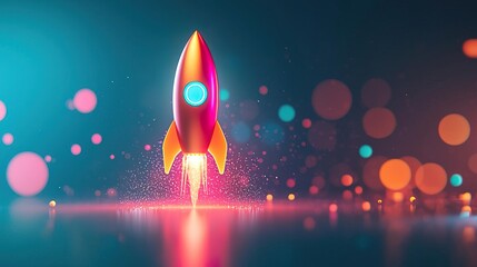 A cartoon rocket taking off against a blue bokeh background, symbolizing growth and success.