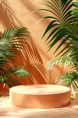 Fototapeta premium Peach-colored background with podium and palm shadows in soft sunlight