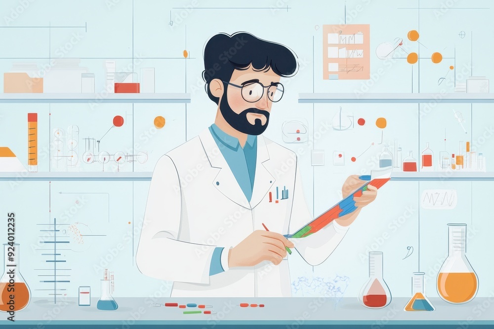 Aufkleber vibrant vector illustration of a scientist examining colorful data in a lively laboratory setting