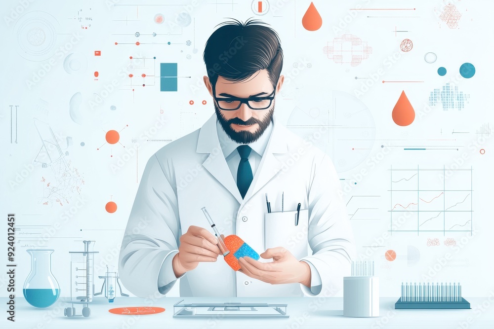 Poster energetic scientist examines colorful samples in laboratory - vector illustration with vibrant scien