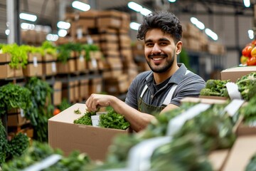 Beautiful young male mover carefully packing products into cardboard boxes for a professional moving service.