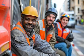 Beautiful movers sitting on the edge of a loaded truck on the street, showing a thumb up sign.