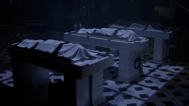 Morgue, three dead bodies ready for autopsy