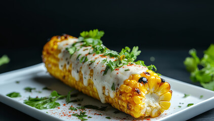 Roasted corn on the cob, coated in garlic butter and herbs