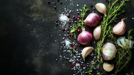 A rustic arrangement of fresh garlic, onions, and herbs, placed on a dark charcoal concrete surface, with a light scattering of coarse salt and pepper