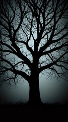 a tree with no leaves, in a dark, shadowy, and possibly foggy environment.