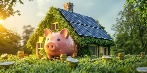 House with Piggy Bank on Front Lawn, Solar Panel Roof, and Garden