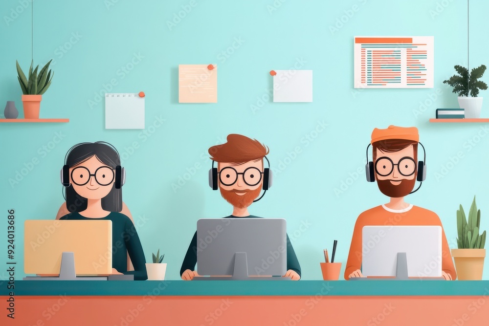 Poster diverse it professionals coding in colorful office - hand-drawn vector illustration. tech occupation