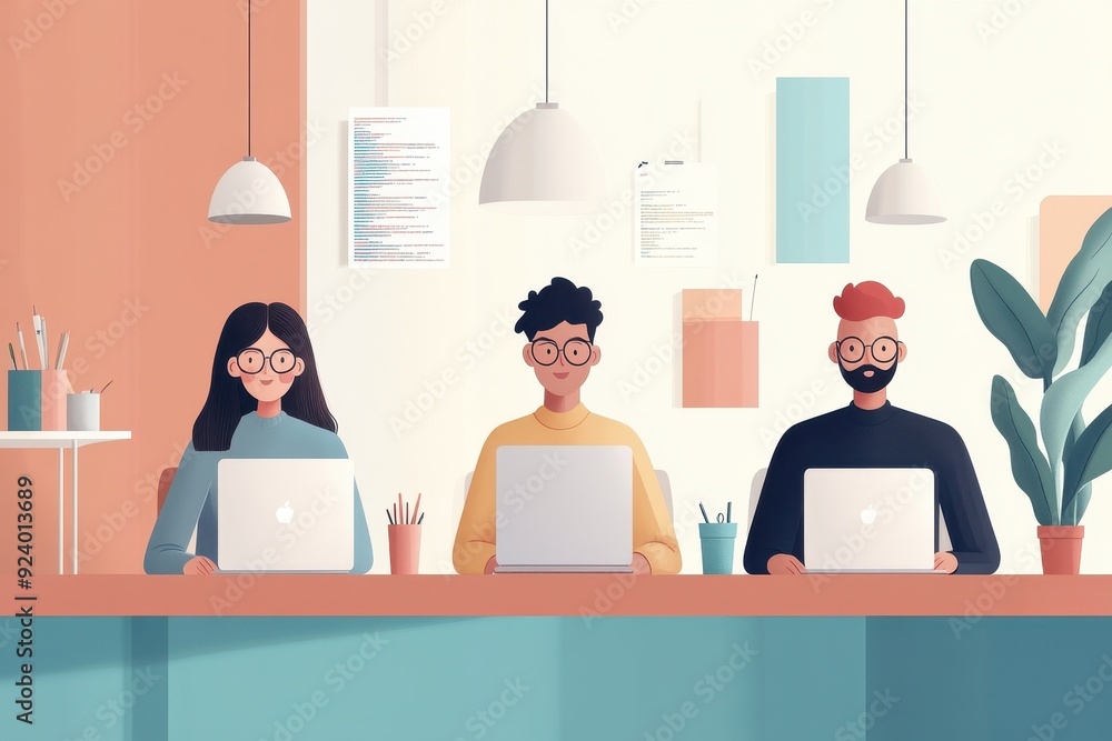 Poster creative vector illustration of diverse it professionals coding in vibrant office environment, hand-