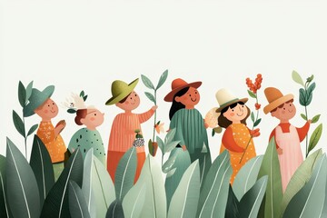 Obraz premium Bountiful Harvest: Diverse Farmers Gathering Colorful Crops in Hand-Drawn Vector Illustration