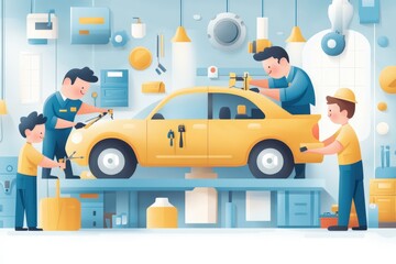 Naklejka premium Diverse Mechanics Repairing Cars in Vibrant Garage - Hand-Drawn Vector Illustration of Technical Professionals at Work