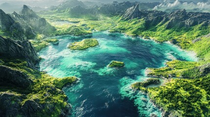 Green planet with bright green waters and nephritis oases, creating an exotic landsc