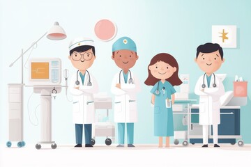 Vibrant Hand-Drawn Illustration of Diverse Healthcare Workers in a Colorful Emergency Room - Medical Occupation Vector Artwork