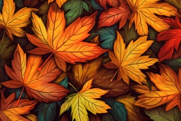 Fall boho pattern with maple leaves background, Autumn pattern with ditsy, foliage, wrapping paper, pattern fills, Thanksgiving, web page background.