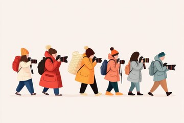 Creative Diversity - Vector Illustration of Multicultural Photographers Capturing Vibrant Moments in Hand-Drawn Style