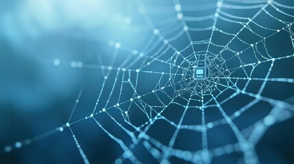 Obraz premium A 3D digital spider web with a search engine robot navigating it, symbolizing the web-crawling function of search engines