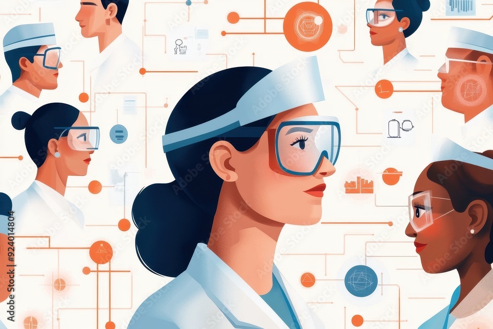 Poster imaginative diversity in tech: hand-drawn scientists navigating vibrant virtual realms with technolo