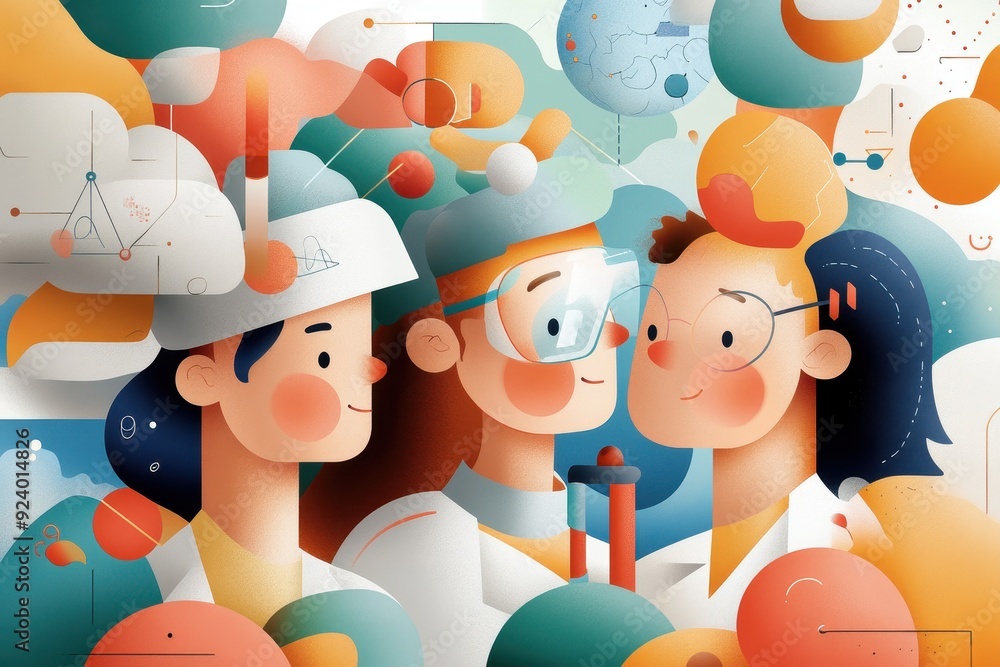 Poster imaginative diverse scientists navigating vibrant virtual realms - hand-drawn vector illustration of