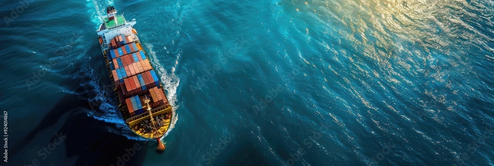 Poster cargo ship navigating swiftly through the open sea for global import and export of goods, playing a 