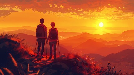 Obraz premium A couple stands on a mountain top looking at the sunset over rolling hills.