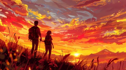 Obraz premium A couple silhouetted against a vibrant orange sunset, gazing at the horizon with backpacks on, standing in tall grass on a mountain top.