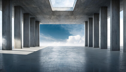 abstract modern concrete room that is vacant, including rows of pillars, a sky opening in the middle