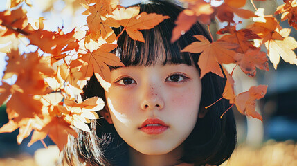 女, 女性, アジア人, 日本人, 秋, 紅葉, 楓, 紅葉の中の女性, woman, female, asian, japanese, fall, autumn leaves, maple, woman in autumn leaves