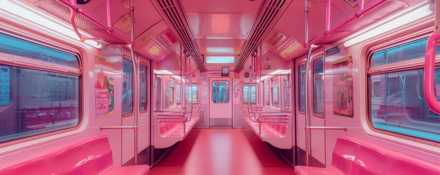 Inside view of a pink subway train with empty seats and colorful interior design