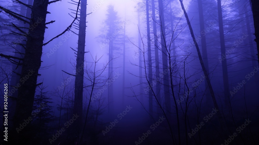 Poster fog creeps through tall trees, creating an ethereal atmosphere in the forest as twilight descends, s