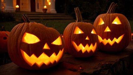 Obraz premium group of carved pumpkins at dusk with their internal candles lit. orange and warm yellow lighting to highlight the carvings.