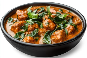 Fototapeta premium Isolated Tikka Masala Chicken with Spinach in a Black Bowl on a Clean Background, Showcasing an Exotic Indian Cuisine Delicacy