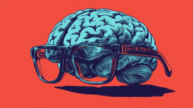 Monochrome blue retro pop art engraving human brain with eye glasses vector illustration in side view isolated on red background AI generated