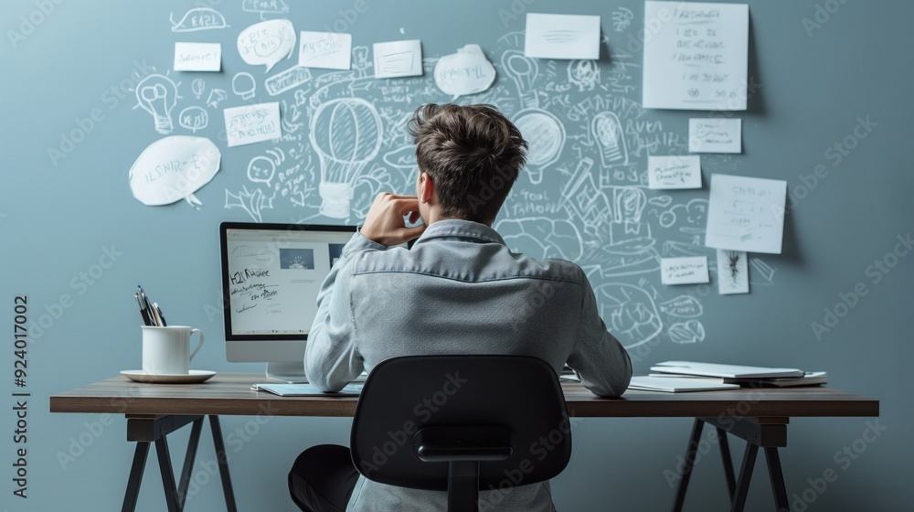 Poster a person sits at a desk, contemplating ideas while being surrounded by sketches and notes pinned to 