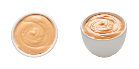 Salsa golf in a white bowl on transparent background. Top and front view. 