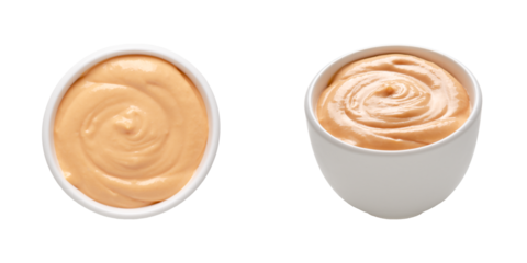 Salsa golf in a white bowl on transparent background. Top and front view. 