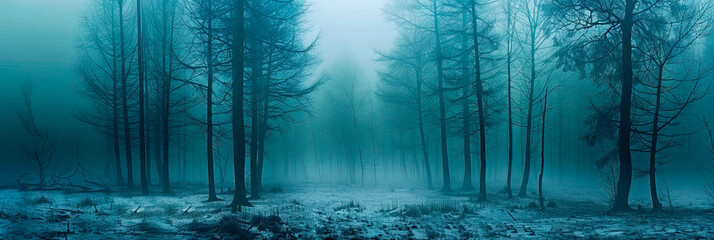 Fototapeta premium misty autumnal landscape panorama, magical fog in winter forest in snow, mysterious mystical seasonal landscape, blank for designer