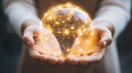 Pair of hands holding a transparent globe with digital connections and nodes superimposed over it, representing a network, global communication