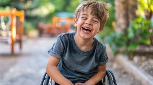Children with disabilities playing together, inclusive playground setting, expressions of joy and acceptance, promoting inclusivity and equal opportunities, diverse abilities visible