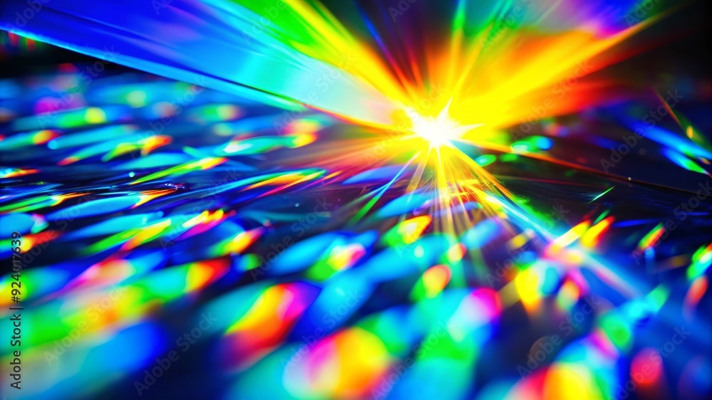 Poster abstract photo of a rainbow light burst on a reflective, iridescent surface. the image symbolizes en