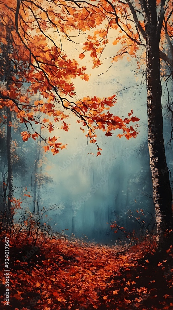 Poster a misty forest path with autumn leaves and a single tree in the foreground