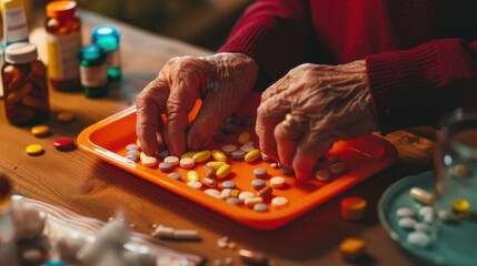 The elderly sorting pills