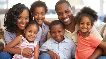 Obraz premium A family sits closely together, sharing joyful smiles and laughter, radiating warmth and happiness in their comfortable living room