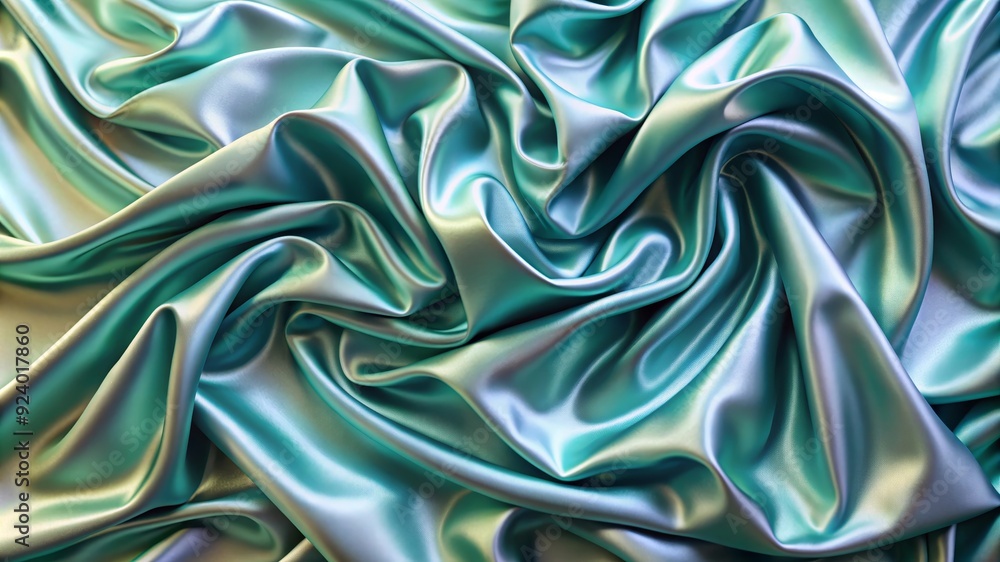 Poster a close-up of teal and silver silk fabric, draped and folded to create a luxurious and abstract back