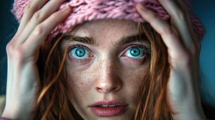 Obraz premium A young woman with vibrant blue eyes and freckles holds her pink hat while looking directly into the camera, conveying a mix of emotions in a warm, intimate environment