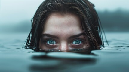 Blue eyes break the surface of dark water on a foggy morning, creating an enchanting yet mysterious atmosphere, blending nature and human presence