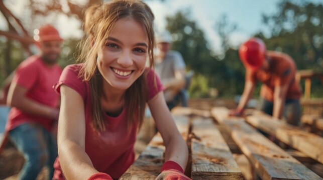 Volunteers helping to rebuild homes after a natural disaster, expressions of hope and resilience, promoting disaster relief and community recovery, construction site setting, teamwork visible
