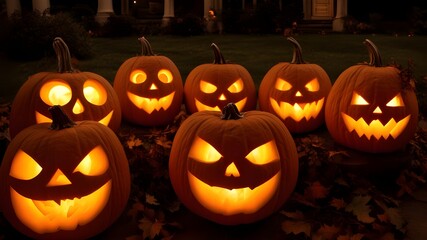 group of carved pumpkins at dusk with their internal candles lit. orange and warm yellow lighting to highlight the carvings.