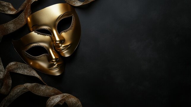 Gold decorative mask with ribbons on a black background