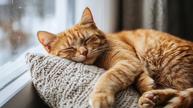 Domestic ginger cat sleeping near the window with raindrops. Close-up portrait.