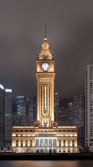 Fototapeta premium The warm glow of Chongqing Town Hall and an ancient clock tower illuminates the night as pedestrians stroll nearby under a dramatic sky